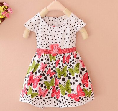 

Baby Kids Children's Butterfly Flower Sweet Polka Dot Short Sleeves Pleated Dress