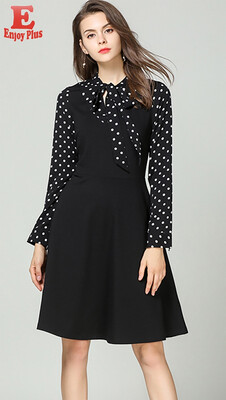 

M L XL XXL 3XL 4XL 5XL plus size office new autumn 2018 women dress long sleeve big size black polka dot elegant faux two piece