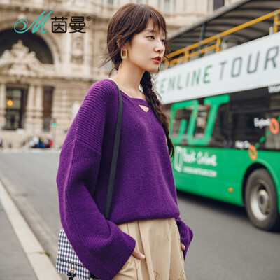 

INMAN 2018 autumn new big V-neck small sexy loose striped lazy wind sweater female 18831VP32351 lilac violet