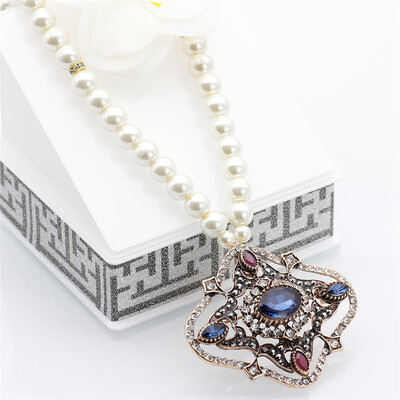 

Exquisite Turkish Resin Beads Pendant Necklaces For Women Party Ethnic Jewlery Gifts Antique Gold Color Long Sweater Chain 2018