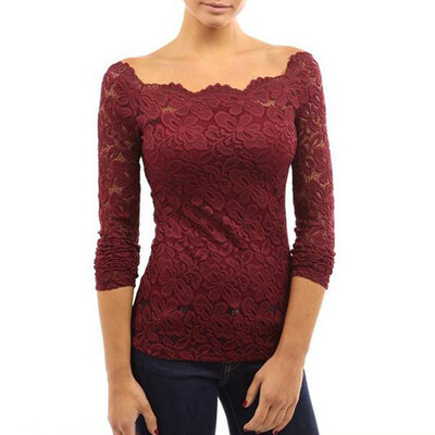

CT&HF Women Sexy Fashion Lace Blouse Simple Pure Color Off-The-Shoulder T-Shirt Korean Women Silm Perspective Long Sleeve Blouse