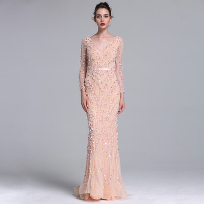 

Luxury Pink Navy Blue Beading Mermaid Tulle Evening Dress V-Neck Long Sleeves Elegant Evening Gowns 2018 Real Photo
