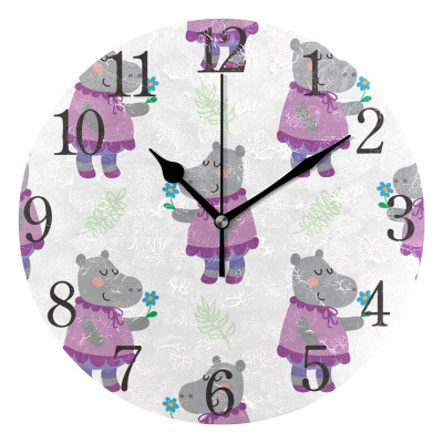 

Wall Clock Arabic Numerals Design Cute Cartoon Hippopotamus Round