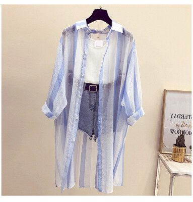 

New arrival women stripe shirt long sleeve long style Suntan wear coat