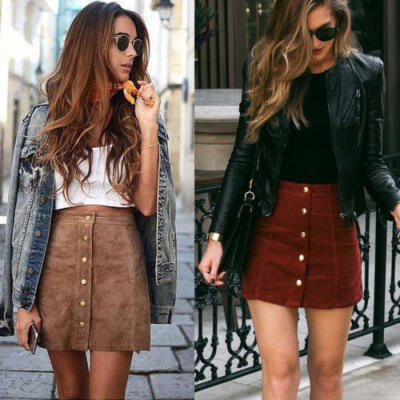 

Women High Waisted Pencil Skirt Bodycon Button Suede Leather Mini Skirt Club UK