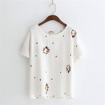

Spring&Summer New Korean Edition Sweet&Fresh T-shirt Womens round collar flower Embroidery Short Sleeved Coat Coat 3 Colo