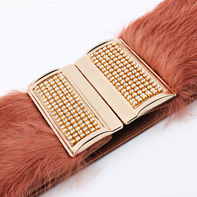 

Badinka New Designer Wide Elastic Stretch Brown PU Leather Corset Belt with Rabbit Fur Waistband Ladies Waist Belts for Women