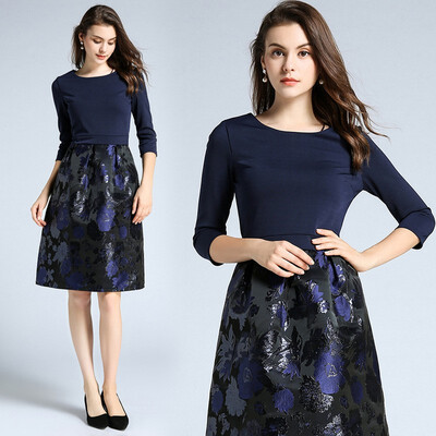 

Autumn New Half Sleeve Casual Women Jacquard Dresses Retro Big Swing O-neck Slim Office Party Dress Vestidos
