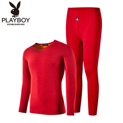 

Playboy thermal underwear mens suit plus velvet thick wool V-neck bottoming autumn clothes long pants warm suit male 8316 red M