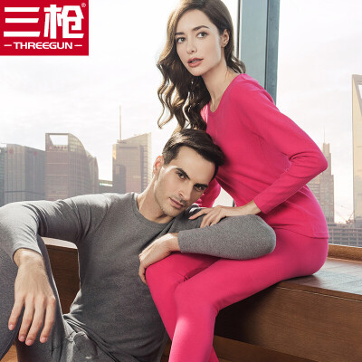 

Three guns thermal underwear female 2018 autumn&winter new product refreshing skin stretch elastic cotton round neck v-neck long-sleeved couple autumn clothing long pants mens suit womens rose red