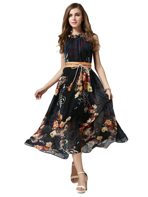 

Off Shoulder Floral O-Neck Maxi Dress With Belt