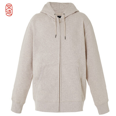 

JZAO mens sweater thick brushed sweater hooded zipper sweater beige gray XXL code