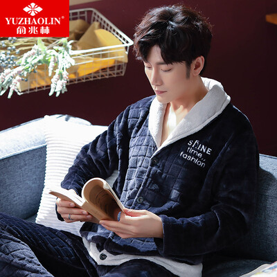 

Yu Zhaolin YUZHAOLIN pajamas mens autumn&winter thick flannel long-sleeved cardigan lapel&cashmere home service suit mens navy blue plaid