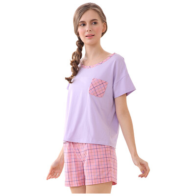 

Red bean home pajamas ladies soft cotton lattice cartoon short sleeve family parent-child couple home suit suit purple 165 88A