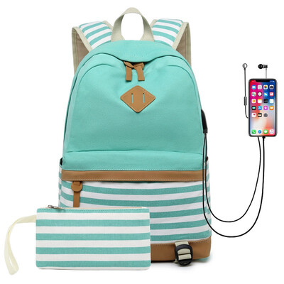 

Canvas backpack female fashion Korean print handbags middle school student bag striped canvas backpack