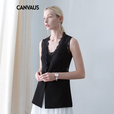 

CANVAUS Autumn New Women Black Vest Lace Patchwork OL One Button Wild V-neck Sleeveless Tops Waistcoat CF8072D