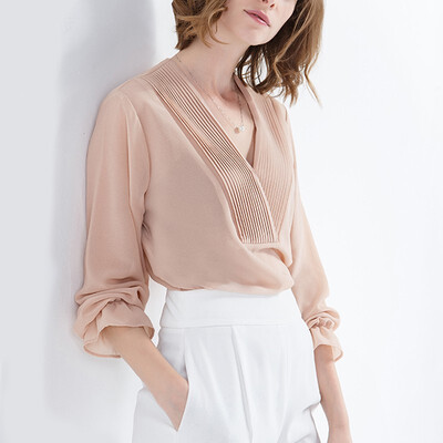 

CANVAUS 2018 Summer New Womens Clothing Tops Blouse Solid Slim Straight Loose V-neck Long Sleeve Chiffon Shirt