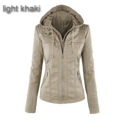 

Womens Leather Jacket Removable Lapel Long-sleeved Solid Color Zipper