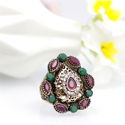 

Vintage Turkish Women Heart Wedding Rings Antique Gold Color Resin Indian Ethnic Water Drop Crystal Big Ring Jewelry Wholesale