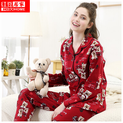 

Red bean home couple pajamas spring&autumn ladies cotton long-sleeved bear letter cartoon lapel cardigan suit 474 wine red 16588A