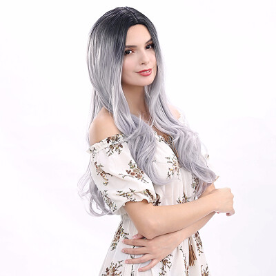 

26" Synthetic Black Ombre Grey Wig For BlackWhite Women Long Natural Wave Custom Party Cosplay Hair Wigs Heat Resistant Daily