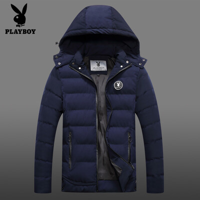 

Playboy cotton coat mens jacket 2018 winter new cotton suit mens slim Korean version of the hooded thickened bread short warm cotton jacket SYZ88760 blue M