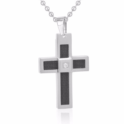 

Mens Stainless Steel Carbon Fiber Cross Pendant Rhinestone InlayBall Chain Necklace 197"