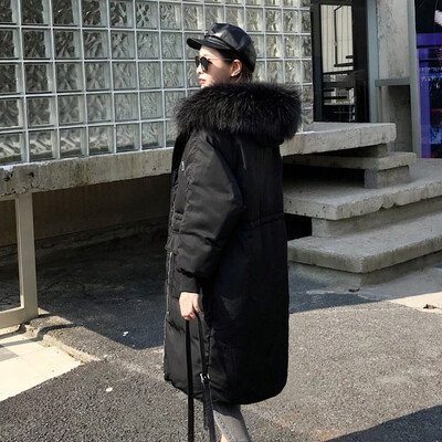 

Winter 2018 Korean version of the long knee-length large-pocket raccoon fur collar pull rope to show off a thin womans down jac