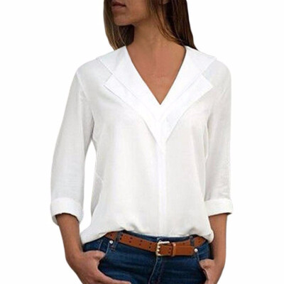 

2018 Women Ladies Sexy Solid V-neck Long Sleeve Shirt Tops