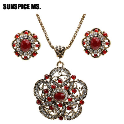 

SUNSPICE MS Indian Retro Vintage Jewelry Set Stud Earring Pendant Necklace Red Resin Antique Gold Color Boho Ethnic Wedding Gift