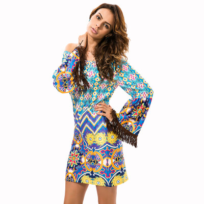 

Buenos Ninos Horizontal Neck Middle-skirt Tassel Beach Dress Printing