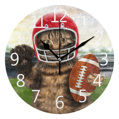 

Wall Clock Arabic Numerals Design Cat Playing American Football Round