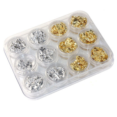 

ROSALIND 12 PotSet Silver Gold Glitter Nail Foils Sticker Gel Adhesive Glue Image Transfer Paillette Full Cover Decoration