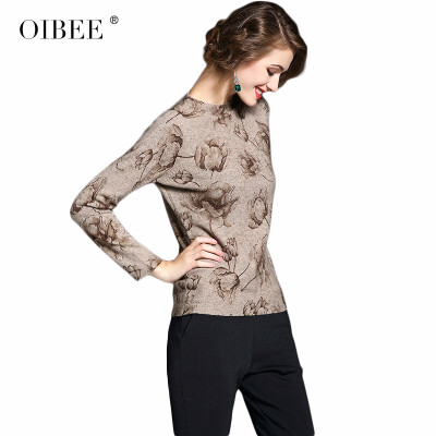 

OIBEE2018 spring new womens fashion print stand collar long-sleeved loose thin knit pullover sweater