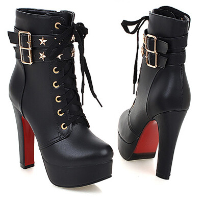 

IDIFU Womens Trendy Studded Stars Buckled Belt Lace up Almond Toe Chunky High Heel Platform Short Boots