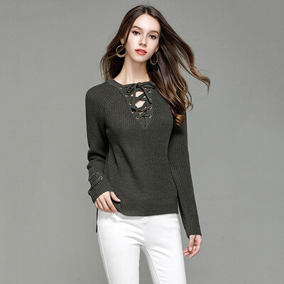 

PREISEI Spring Autumn Fashion Casual Slim Solid Long Sleeve V-Neck Knitted Sweaters Ladies Pullover Women Tops