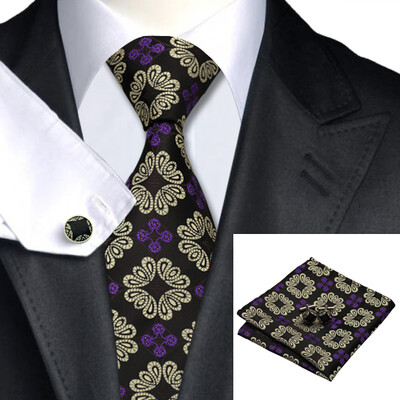 

N-0213 Vogue Men Silk Tie Set Blacks Floral Prints Necktie Handkerchief Cufflinks Set Ties For Men Formal Wedding Business wholesale