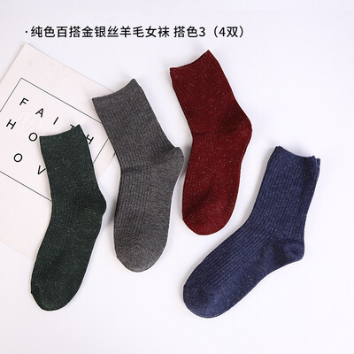 

TOLORINIE 4 pairs of fashion womens socks thick warm solid color wild gold&silver silk autumn&winter models wool womens socks color 3