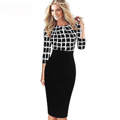 

New Style Autumn Print Patchwork Women 34 Sleeve Vintage Pinup Casual Work Office Party Bodycon Sheath Dress