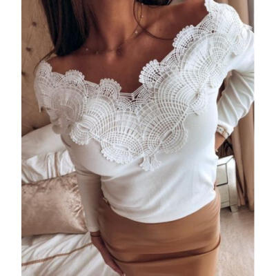 

UK Women Long Sleeve Lace Pullover Tops Ladies Casual Slim T Shirts Blouse 6-14