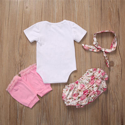 

4PCS Newborn Baby Girl Romper Floral Shorts DressLeg Warmer Headband Outfit g