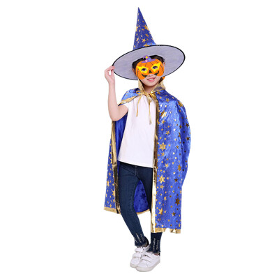 

Halloween costume Halloween childrens clothing props dressing witch magic cloak cloak magic hat set blue