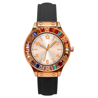 

2018 New Women Fashion Luxury Leisure Set Auger Leather Analog Stainless Steel Quartz Watch