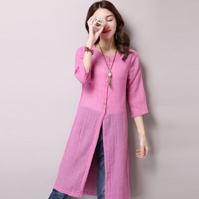 

Arthur Elva Korean casual cotton linen long section was thin shirt G-289 rose red