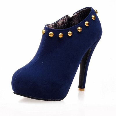 

IDIFU Womens Studded Rivets Round Toe Hidden Platform Stiletto High Heel Side Zipper Velvet Ankle Booties