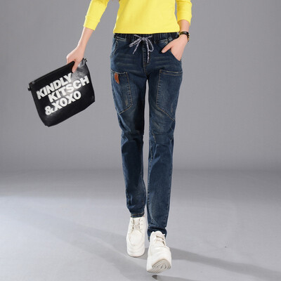

Winter 2018 new elastic waist&fleecy jeans womens casual Korean version bf fashion all-in-one harem pants