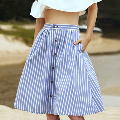 

New Women A-Line Stripe Single-Breasted High Waist Skater Flared Skirt Dress CA