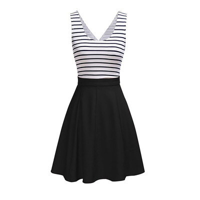 

Women summer cotton striped patchwork swing sundress Fake two piece back cross waist cut out tunic sleeveless skater dress