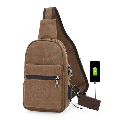 

Canvas Sling Backpack with USB Charging Port&Headphone Holes Casual Chest Travel Bag Shoulder Pack