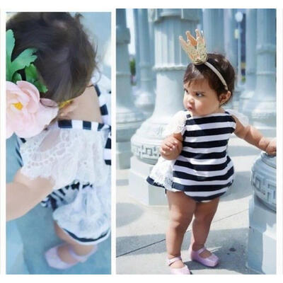 

UK Stock Stripe Toddler Baby Girls Lace Ruffle Romper Jumpsuit Outfit Clothes